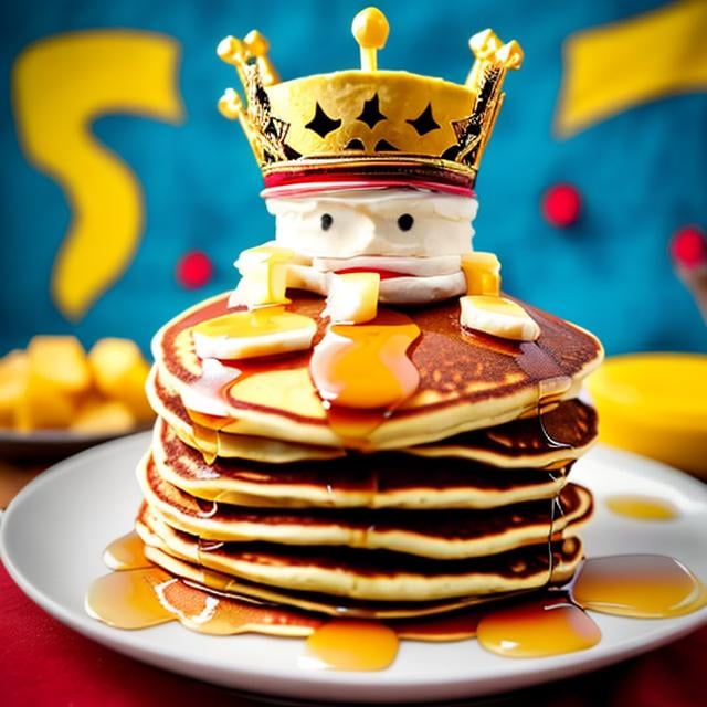 Prompt: a stack of pancakes with a crown and peruvian flag. he's the prince of perú, but made of pancakes