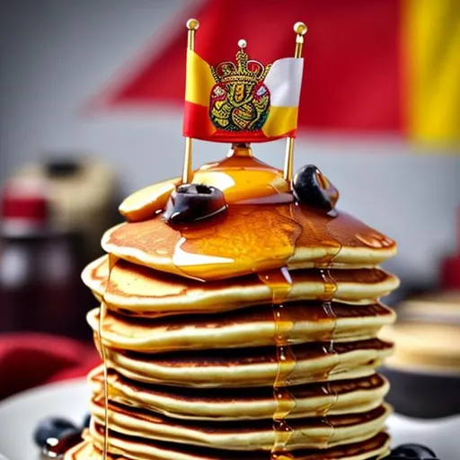 Prompt: a stack of pancakes with a crown and peruvian flag. he's the prince of perú, but made of pancakes