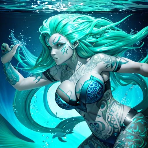 Prompt: Realistic portrait of a sea elf that exudes power, and Power over water. She should be depicted as the Goddess of the Sea and the goddess of the Lost. Has skin made of Dark Water and has tattoos of Blue Runes on face and on skin. is a Beautiful Water Sorcerous. she has green hair.) Under water Background. perfect composition, Realistic, hyperrealistic, super detailed, 8k, high quality, sharp focus, studio photo, intricate details, highly detailed.