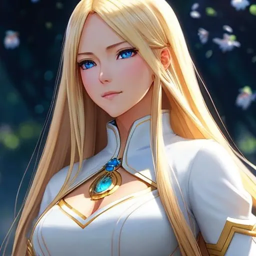 Prompt: full body of a 1 woman, blond hair, long hair, blue eyes, smooth soft skin, beautiful intricate hair, symmetrical, anime narrow eyes, soft lighting, detailed face, by makoto shinkai, stanley artgerm lau, wlop, rossdraws, myoga, concept art, digital painting, looking into camera, happy face, small iris.