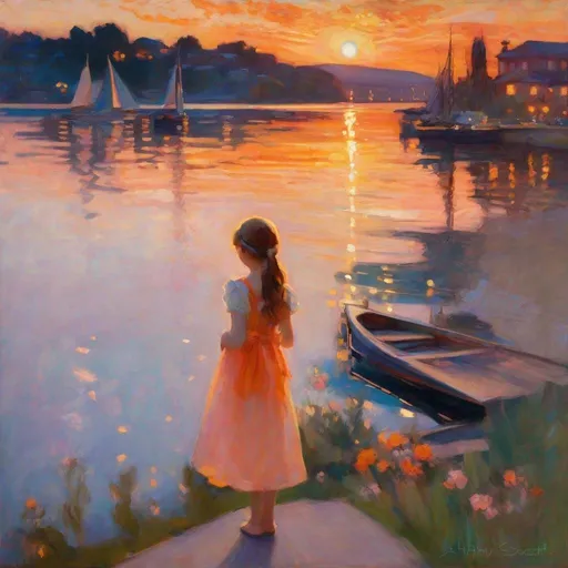 Prompt: Girl, Lake, Port ,Fireworks, Sparkles ,Celebration, Sunset, Oil Painting, Impressionist Painting,Mary Cassatt style painting,Alphonse Mucha,< a girl is depicted standing near a tranquil lake with a small port in the background. The sun is setting, creating a beautiful orange and pink sky, and there are sparkles and fireworks in the air, suggesting a celebration. The girl is looking up in awe at the display and seems happy and content. >,< The painting has a soft and dreamy quality, similar to the style of Mary Cassatt, with an emphasis on the girl's emotions and the beauty of the scene. The use of pastel colors and loose brushstrokes adds to the impressionistic feel. >,< In the background, we can see the intricate details of the port with boats and sails, which is reminiscent of the art nouveau style of Alphonse Mucha. The sparkles and fireworks are also reminiscent of the decorative motifs used in Mucha's art. >,< Overall, the painting captures a moment of joy and wonder in nature, combining elements of impressionism and art nouveau to create a unique and beautiful piece of art >
