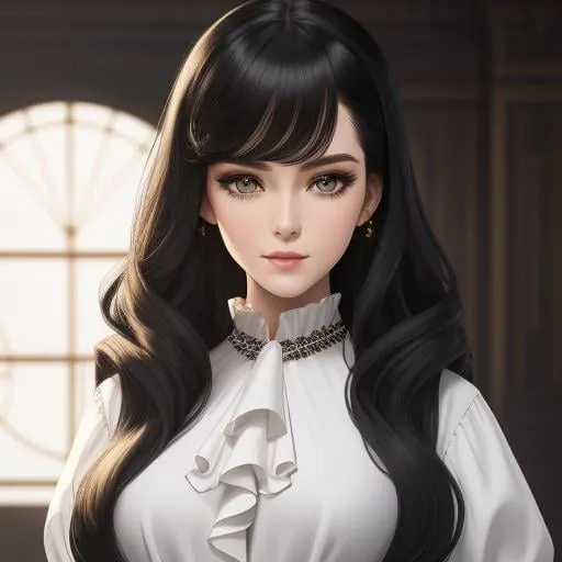 Prompt: (masterpiece, illustration, best quality:1.2), 1girl, solo, pale skin, (toned body, white blouse, black dress pants:1.3), long parted cascading hair, stray hairs, no bangs, reticent demeanor, pants, ruffles, foggy grey eyes, black hair, finely detailed, detailed face, toned face, beautiful detailed eyes, beautiful detailed shading, beautifully detailed background, throne room 