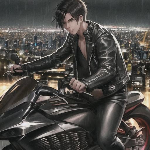 Prompt: 20 y.o. boy riding motorcycle, leather jacket, black hair, sharp focus, (Instagram), (cityscape, night, rain), wet, professional lighting, perfect eyes
