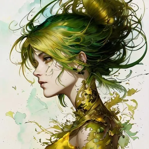 Prompt: green and gold hair, art line watercolor wash, ethereal background, abstract beauty,stand, approaching perfection, pure form, golden ratio, minimalistic, unfinished, concept art, by Brian Froud and Carne Griffiths and Wadim Kashin and John William Waterhouse, intricate details, 8k post production, high resolution, hyperdetailed, trending on artstation, sharp focus, studio photo, intricate details, highly detailed, by greg rutkowski