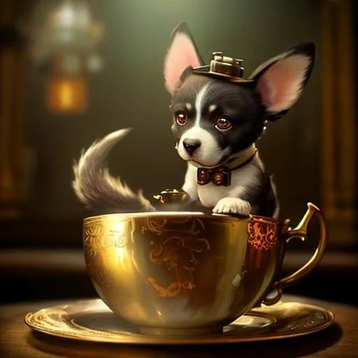 Prompt: steampunk puppy with short ears and long tail in a teacup, moody cinematic lighting, movie