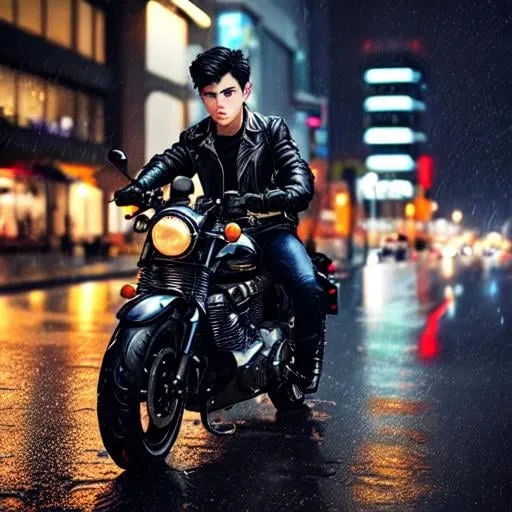 Prompt: 20 y.o. boy riding motorcycle, leather jacket, black hair, sharp focus, (Instagram), (cityscape, night, rain), wet, professional lighting, perfect eyes
