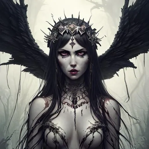 Prompt: "It scratches its nails deep beneath, you scream, you come, you seethe", stunning fallen angel, bloody skin, ornately decorated head band, realistic eyes, epic, Camilla Belle, by Greg Rutkowski, By Stefan Koidl, a masterpiece, grand, hells domain, Vibrant 