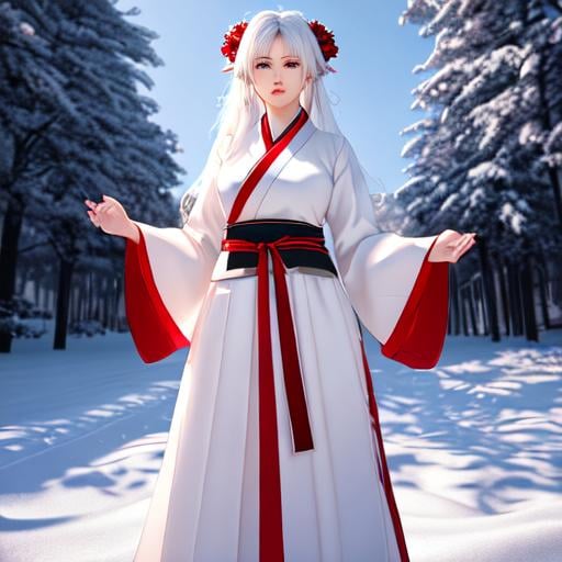 Prompt: UHD, hd , 8k ,  hyper realism, digital art  Very detailed,  anime character, zoomed out view,  full body of character in view, standing,   female with long snow white hair, she is wearing a hanbok  with white top & red  Japanese style skirt, she is summoning lighting