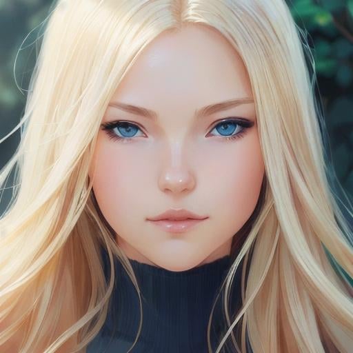 Prompt: a 1 woman, blond hair, long hair, blue eyes, smooth soft skin, beautiful intricate hair, symmetrical, anime narrow eyes, soft lighting, detailed face, by makoto shinkai, stanley artgerm lau, wlop, rossdraws, myoga, concept art, digital painting, looking into camera, happy face, small iris.