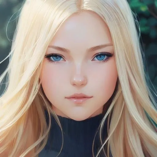 Prompt: a 1 woman, blond hair, long hair, blue eyes, smooth soft skin, beautiful intricate hair, symmetrical, anime narrow eyes, soft lighting, detailed face, by makoto shinkai, stanley artgerm lau, wlop, rossdraws, myoga, concept art, digital painting, looking into camera, happy face, small iris.