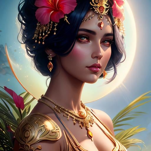 Prompt: A tanned summer tropical goddess with confident expression gorgeous, head and shoulders portrait, concept art portrait by Tom bagshaw, Peter Mohrbacher, WLOP, Anna Dittmann. dynamic lighting, hyperdetailed, intricately detailed art, Artstation, Unreal Engine 5, volumetric lighting, shining big flawless almond eyes, eyes reflecting eyes, hibiscus flowers

Artgerm, WLOP, Eve Ventrue; Beautifully, Intricately Designed fresh face, Intricately Designed crimson and metallic white caftan, Photograph Taken on Nikon D750, Intricate, sinister, Elegant, Digital Illustration, Scenic, Hyper-Realistic, Hyper-Detailed, 8k, light ambient, floral ambient