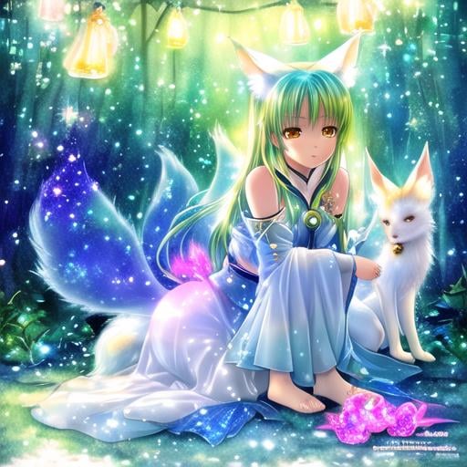 Prompt: A translucent kitsune that is glowing, in a den, realistic, bioluminescent,  glitter, highres, best quality, concept art