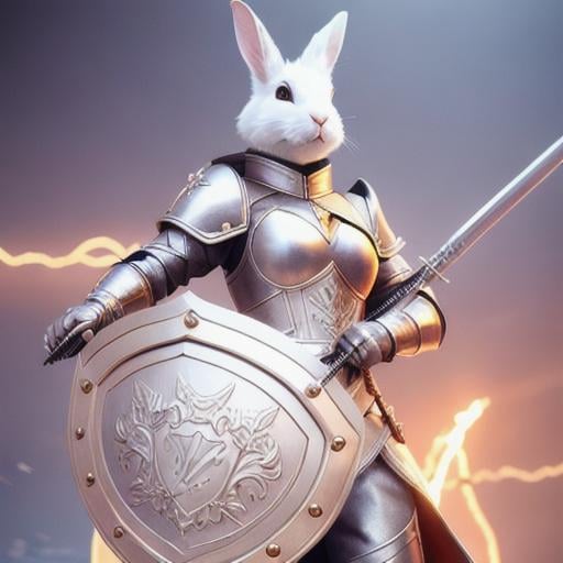 Prompt: adventurous rabbit in leather armor wielding a rapier and shield highly detailed, fine complex micro-details, 8k, volumetric lightning, ethereal light, extremely detailed, octane rendering, hyperrealistic, unreal engine