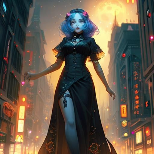 Prompt: lovely anime zombie woman with big eyes, full body artwork, cityscape background
dark atmosphere, dim lighting, Intricate, warm colors, digital painting, Artstation, dreamlike, Whimsical, art by loish and sakimichan and mandy jurgens