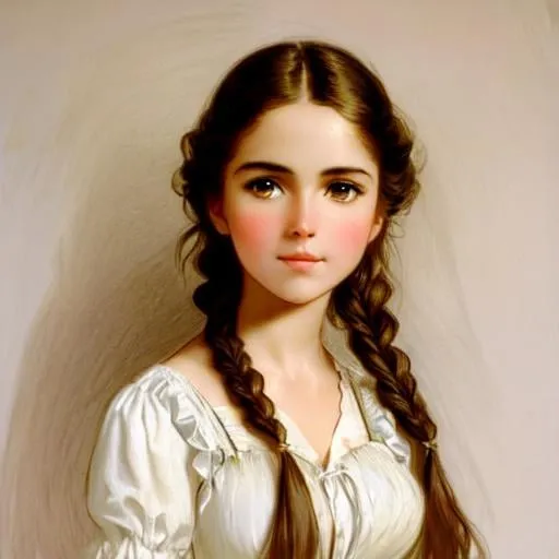 Prompt: Please paint a full body of a beautiful girl ((scantily clad)) looks like a young Isabel Lucas  with her mouth slightly open and a surprised look on her face. hair in a single braid Hand touching her cheek Sketch, Drawing, Pencil Art, Adolph Friedrich Erdmann von Menzel 