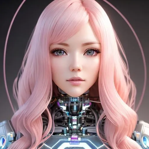 Prompt: Character Sheet, Long wavy,light pink hair,complex 3d render ultra detailed of a beautiful porcelain Front face woman android face, cyborg, robotic parts, beautiful studio soft light, rim light, vibrant details, luxurious cyberpunk, lace, hyper realistic, anatomical, facial muscles, cable electric wires, microchip, elegant, beautiful background, octane render, H.R. Giger style,