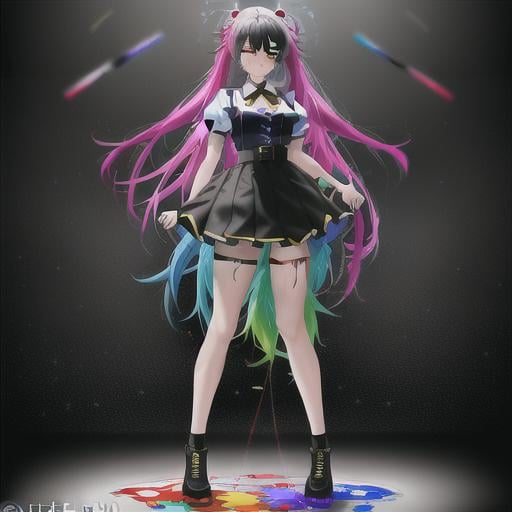 Prompt: full body anime girl drenched Very colorful oil paint spill, wonderful face, perfect body, perfect anatomy, beautiful body, trending on instagram, trending on tiktok, trending on artstation, trending on cgsociety, white sclera,
photorealistic, masterpiece, cinematic, 16k artistic photography, epic, drama, 
romance, glamour, beauty, 
cinematic lighting, dramatic lighting, insanely detailed, soft natural volumetric cinematic lighting, award-winning photography, rendering, hd, high definition, 
highly detailed