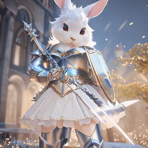 Prompt: adventurous rabbit in leather armor wielding a rapier and shield highly detailed, fine complex micro-details, 8k, volumetric lightning, ethereal light, extremely detailed, octane rendering, hyperrealistic, unreal engine