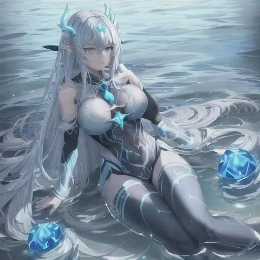 Prompt: Realistic full body of a sea elf that exudes power, and Power over water. She should be depicted as the Goddess of the Sea and the goddess of the Lost. Has skin made of Dark Water and has tattoos of Blue Runes on face and on skin. is a Beautiful Water Sorcerous. she has green hair.) Under water Background. perfect composition, Realistic, hyperrealistic, super detailed, 8k, high quality, sharp focus, studio photo, intricate details, highly detailed.