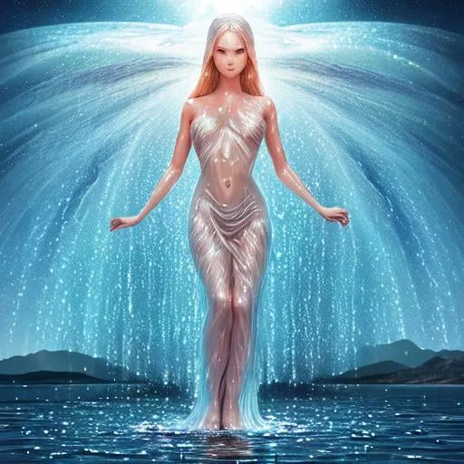 Prompt: feminine great beauty  woman made of water and thin sand very beautiful physical features, full body standing on the water, in the lake, diamond head painting as waterfall cloth, wet, face and body cloth pose, rain, night sky Star halo, starry sky, wind blowing long hair, detailed gorgeous face, dreamy, glow, backlight, glamour, shimmer olumetric soft lighting warm colors 8k resolution by Greg Rutkowski, Artgerm, Alphonse Mucha dynamic lighting hyperdetailed intricately detailed Splash art trending on Artstation Unreal Engine 5 volumetric lighting