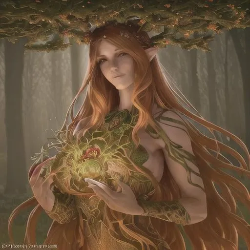 Prompt: dryads autumnal feminine great beauty and very beautiful physical features, just behind her oak surrounded by a thick autumnal forest volumetric soft lighting warm colors 8k resolution by Greg Rutkowski, Artgerm, Alphonse Mucha dynamic lighting hyperdetailed intricately detailed Splash art trending on Artstation Unreal Engine 5 volumetric lighting