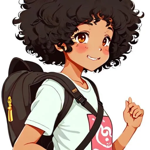 Prompt: A detailed illustration of adorable cute tan girl🥺😊,black curly-silky hair, tan skin, wearing a backpack, style cartoon, colors, two-dimensional, planar vector, character design, T-shirt design, stickers, colorful splashes, and T-shirt design, Studio Ghibli style, soft tetrad color, vector art, fantasy art, watercolor effect, Alphonse Mucha, Adobe Illustrator, digital painting, low polygon, soft lighting, aerial view, isometric style, retro aesthetics, focusing on people, 8K resolution, octane render