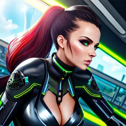 Prompt: Dynamic angle shot, masterpiece, futuristic style, bright colors, ultra realistic style, high fidelity, detailed body, skinny body, german girl, pony tail, green eyes, small cleavage, futuristic clothes, looking at camera, sunshine, futuristic back drop, 