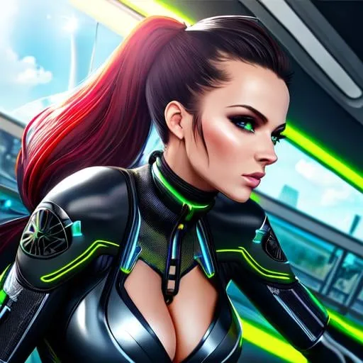 Prompt: Dynamic angle shot, masterpiece, futuristic style, bright colors, ultra realistic style, high fidelity, detailed body, skinny body, german girl, pony tail, green eyes, small cleavage, futuristic clothes, looking at camera, sunshine, futuristic back drop, 