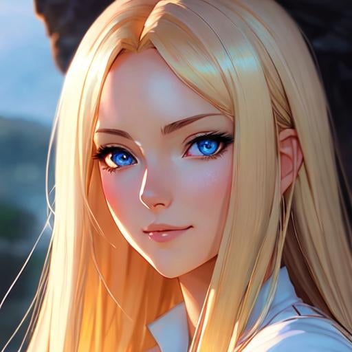 Prompt: a 1 woman, blond hair, long hair, blue eyes, smooth soft skin, beautiful intricate hair, symmetrical, anime narrow eyes, soft lighting, detailed face, by makoto shinkai, stanley artgerm lau, wlop, rossdraws, myoga, concept art, digital painting, looking into camera, happy face, small iris.