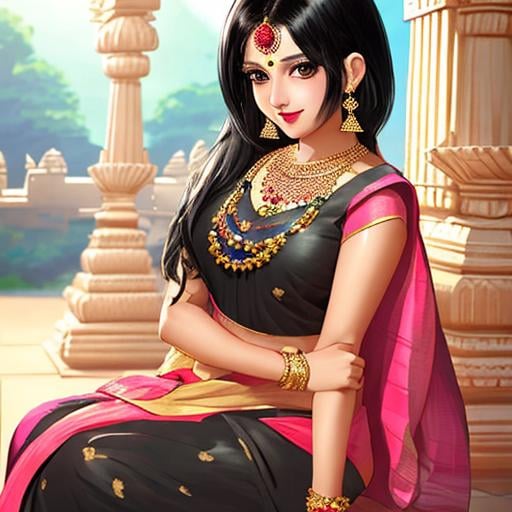 Prompt: Pretty girl wearing earrings and necklace,black hair,cute pose,perfect composition,Kawaii,smiling, Indian saree dress,glossy lip,dynamic potrait,aesthetic,soft glowing,sunlight,stunning,Hindu temple,2d digital artwork,anime,mappa studio,wit studio,