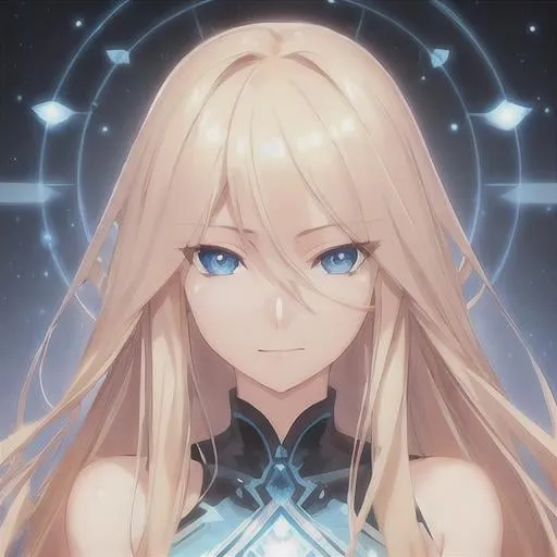 Prompt: a 1 woman, blond hair, long hair, blue eyes, smooth soft skin, beautiful intricate hair, symmetrical, anime narrow eyes, soft lighting, detailed face, by makoto shinkai, stanley artgerm lau, wlop, rossdraws, myoga, concept art, digital painting, looking into camera, happy face, small iris.