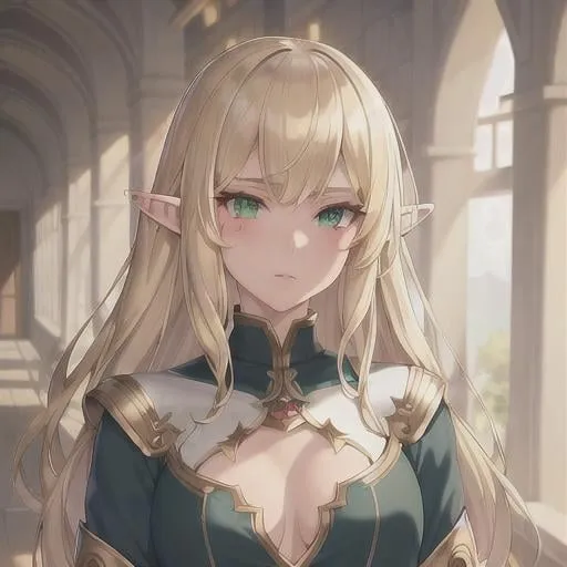 Prompt: (masterpiece, illustration, best quality:1.2), anime elf girl, solo, pale skin, toned body, elven apparel, elven attire, elven jewellery, elven markings, parted hair, stray hairs, calm demeanor, pants, vibrant dark-green eyes, blonde hair, finely detailed, detailed face, toned face, beautiful detailed eyes, beautiful detailed shading, beautifully detailed background, sharp focus, absurdres, highres, cinematic lighting, street photography, macro detailed shading, smooth soft skin, {{hyper detailed}}, digital painting, {{{masterpiece}}}, glowing light, detailed background, hair between eyes, dynamic angle, library, 4K, HDR