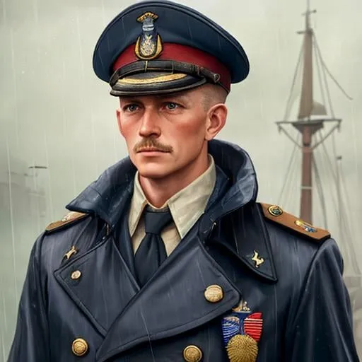 Prompt: a painting (((in style of lumispot))) of a WW2 naval captain under the rain wearing a raincoat, <lora:lumispot_merge_2:0.8>
