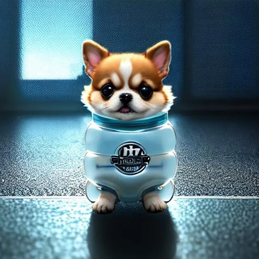 Prompt: cute Kawaii tiny hyper realistic baby dog wearing hip hop clothes inside a bottles, city background in a bottles baby dog reflection 8k Cinematography photorealistic epic composition Unreal Engine Cinematic Color Grading Portrait Photography Ultra-Wide Angle Depth of Field hyper detailed octane render trending on artstation greg rutkowski