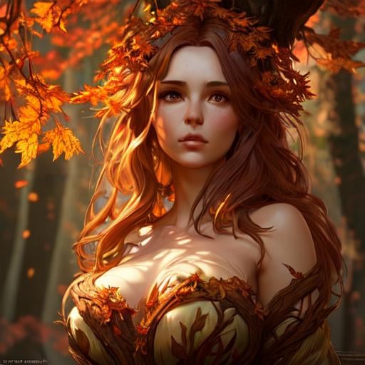 Prompt: dryads autumnal feminine great beauty and very beautiful physical features, just behind her oak surrounded by a thick autumnal forest volumetric soft lighting warm colors 8k resolution by Greg Rutkowski, Artgerm, Alphonse Mucha dynamic lighting hyperdetailed intricately detailed Splash art trending on Artstation Unreal Engine 5 volumetric lighting