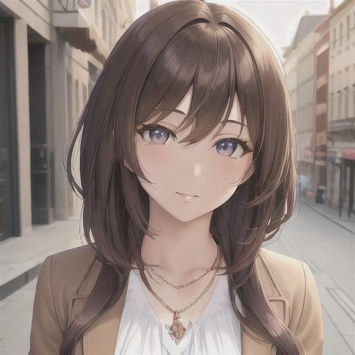 Prompt: Beauty 18 year old girl,anime,manga,necklaces,cute, brown Long Luscious Layers haircut,e-girl,64k,dynamic potrait,perfect composition,pretty eyes,Sun Dress with jacket,European city background,aesthetic,face detailed,highly detailed,soft lighting,