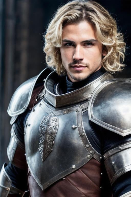 Prompt: male fantasy warrior, very handsome, gray eyes, medium musculature, dirty blonde, short wavy hair, full leather armor, very detailed eyes, UHD, 64K, sharp focus, studio photo, intricate details, highly detailed