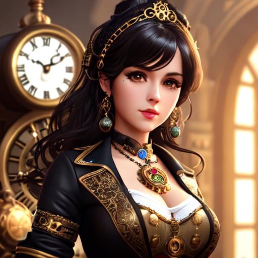 Prompt: dark haired girl wearing clothes full of ornaments, body full of steampunk clock gears mechanic, posing, full body, soft lighting, realistic, 8K, digital art, unreal engine 5