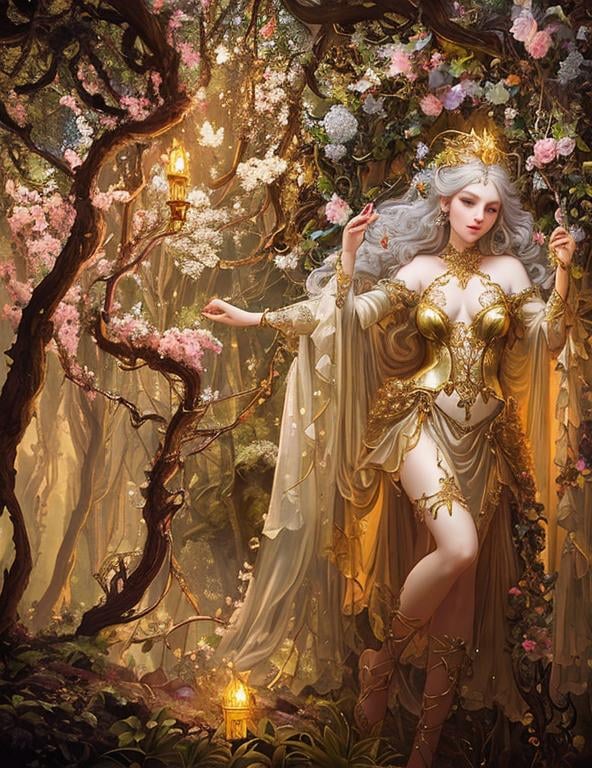 Prompt: Chiaroscuro, full-body painting of a beautiful pale-skinned night elf girl (((barely clothed))), style of Fragonard and Yoshitaka Amano (light hair with flowers, messy), ropes, ((forest background)), bioluminescent, (wearing intricate clothes) silver gothic armor with golden filigree details, vines, delicate, soft, fireflies, spiders, spider webs, webs, silk, threads, ethereal, luminous, glowing, dark contrast, celestial, ribbons, trails of light, 3D lighting, soft light, vaporware, volumetric lighting, occlusion, Unreal Engine 5 128K UHD Octane, fractal, pi, fBm, mandelbrot