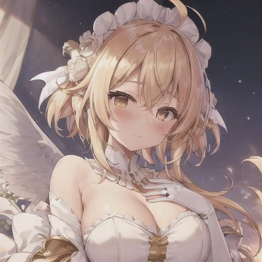 Prompt: digital art, best quality, masterpiece, 1girl, ahoge, amco, blush, bridal gauntlets, capelet, closed mouth, white long dress, final fantasy, winged capelet, yellow hair, hair band, hair between eyes, hair ornament, jewelry, looking at viewer, extra short hair, beautiful detailed background, upper body, shoulder wing, white gold theme, ((gold trim)), gold furniture, indoor, royal palace, (((wind blowing))), glowing light, (((yellow petals))), (((light particles)))