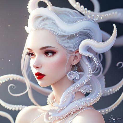 Prompt: A Exquisitely beautiful woman with a hair made of a white octopus tentacles, pale white skin, red lipstick,  cold air, soft delicate features, ultra detailed, 3d, a pixar and  disney character art by artgerm, painting by daniel f gerhartz, hyper detailed face, clear realistic eyes, octane render, ray tracing, sharp focus, uhd, 