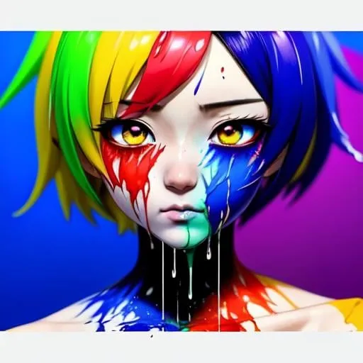 Prompt: full body anime girl drenched Very colorful oil paint spill, wonderful face, perfect body, perfect anatomy, beautiful body, trending on instagram, trending on tiktok, trending on artstation, trending on cgsociety, white sclera,
photorealistic, masterpiece, cinematic, 16k artistic photography, epic, drama, 
romance, glamour, beauty, 
cinematic lighting, dramatic lighting, insanely detailed, soft natural volumetric cinematic lighting, award-winning photography, rendering, hd, high definition, 
highly detailed