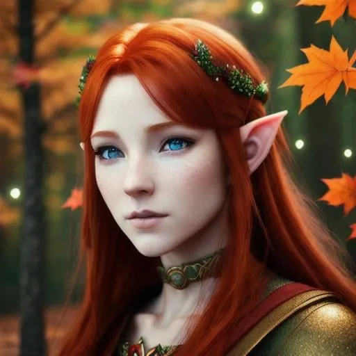 Prompt: female redhead elf, druid, calm, red eyes, autumn leaves, detailed face, elegant, mesmerizing , glorious, cinematic light, hd octane render, high resolution scan, masterpiece, hyperrealism, delicate detailed complex, sophisticated, vibrant colors, highly detailed, intricate detailed, volumetric lighting, light reflection, all of this except she is a CAT