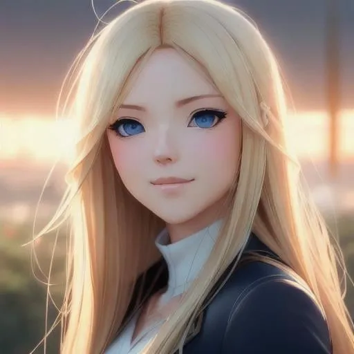 Prompt: a 1 woman, blond hair, long hair, blue eyes, smooth soft skin, beautiful intricate hair, symmetrical, anime narrow eyes, soft lighting, detailed face, by makoto shinkai, stanley artgerm lau, wlop, rossdraws, myoga, concept art, digital painting, looking into camera, happy face, small iris.