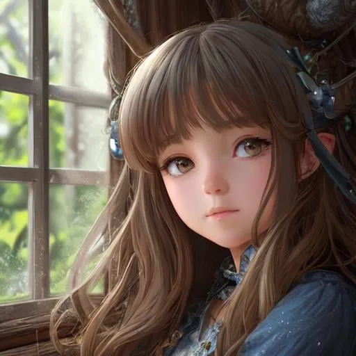 Prompt: close up shot, cinematic shot,

a mythical young witch sitting near window, enjoying afternoon time, cute face, sad, melancholic, ultra detailed tree house interior background, ultra detailed witch grab, detailed face, detailed eyes, innocent, detailed nose, detailed mouth and lip, detailed interior, ultra detailed accessories,

2D illustration, 2D character design, 2D flat color, 2D digital illustration, 2D vector illustration, vibrant color, 

((sunshine, very strong sunlight on face, cinematic lighting, volumetric lighting, iridescent lighting reflection, reflection, beautiful shading, head light, back light, natural light, ray tracing, symmetrical)), (((masterpiece, professional, professional illustration, long hair, beautiful bang, stray hair))),

UDR, HDR, 64k, beautiful, stunning, masterpiece, inspired by atelier series,