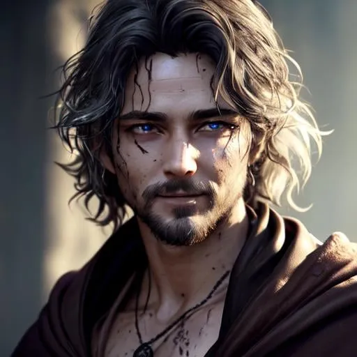 Prompt: dirty, grimy, filthy, dirt on face, unkempt hair, warlock, smiling, Male, charming, messy hair, simple robe, robed clothing, cult leader, dead eyes, D&D, Fantasy, detailed face, elegant, mesmerizing , glorious, cinematic light, hd octane render, high resolution scan, masterpiece, hyperrealism, delicate detailed complex, sophisticated, vibrant colors, highly detailed, intricate detailed, volumetric lighting, light reflection, male, man