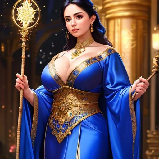 Prompt: (HDR, UHD, 64k, best quality, RAW photograph, best quality, masterpiece:1.5),(realistic, photo-realistic), (massive chest_wide hips_minuscule waist), (fantasy elegant blue robes:1.5), girl holding an intricate magic staff with a firm grip, night, starry landscape, cinematic lighting, light on face, (Highly detailed face), full body, slender body, multicolored_hair, solo, a facial close-up in hyperrealistic detail, The detailing of her face is stunning, with every pore, freckle, and line rendered in vivid detail, Orthodontics,(random hair style:1.5), blunt bangs , smile, shot on CineStill 800T,