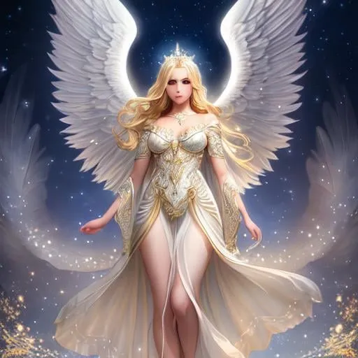 Prompt: Full body Angel, beautiful face, detailed face, blonde, shining, holy light background, wide white wings, full body, mythical, fantasy, elegant, hyperrealism, highly detailed, intricate detailed, dynamic lighting, 4K, HD.