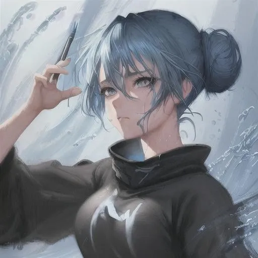 Prompt: pretty anime girl with blue hair tied in a bun wearing a large black sweatshirt, dynamic pose, big watery eyes, anime digital painting by loish + rossdraws + Pino Daeni, brush strokes, painterly, impressionist style, half painted