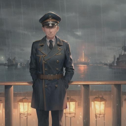 Prompt: a painting (((in style of lumispot))) of a WW2 naval captain under the rain wearing a raincoat, <lora:lumispot_merge_2:0.8>
